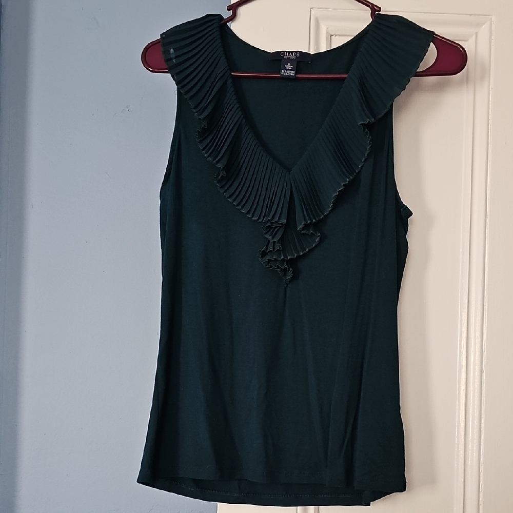 Chaps Dark Green Ruffle V-Neck Tank Top